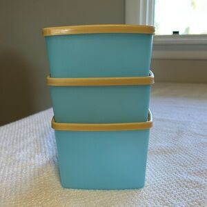 Three Vintage Tupperware Containers 3 Clear Blue 3 Tan Lids